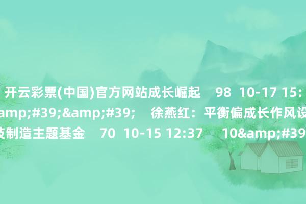 开云彩票(中国)官方网站成长崛起    98  10-17 15:06     10&#39;12&#39;&#39;    徐燕红：平衡偏成长作风设立 怜爱科技制造主题基金    70  10-15 12:37     10&#39;27&#39;&#39;    晨会博弈：A股成交侵扰1.1万亿 市集冲高回逾期将如何演绎？    464  09-26 11:13     01&#39;44&#